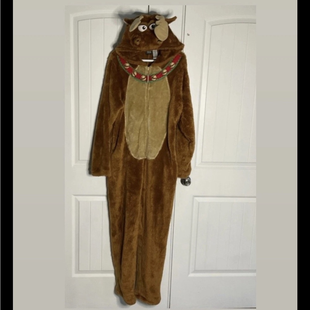 Christmas Reindeer Costume Pajama Unisex Medium Hooded One Piece Plush Suit